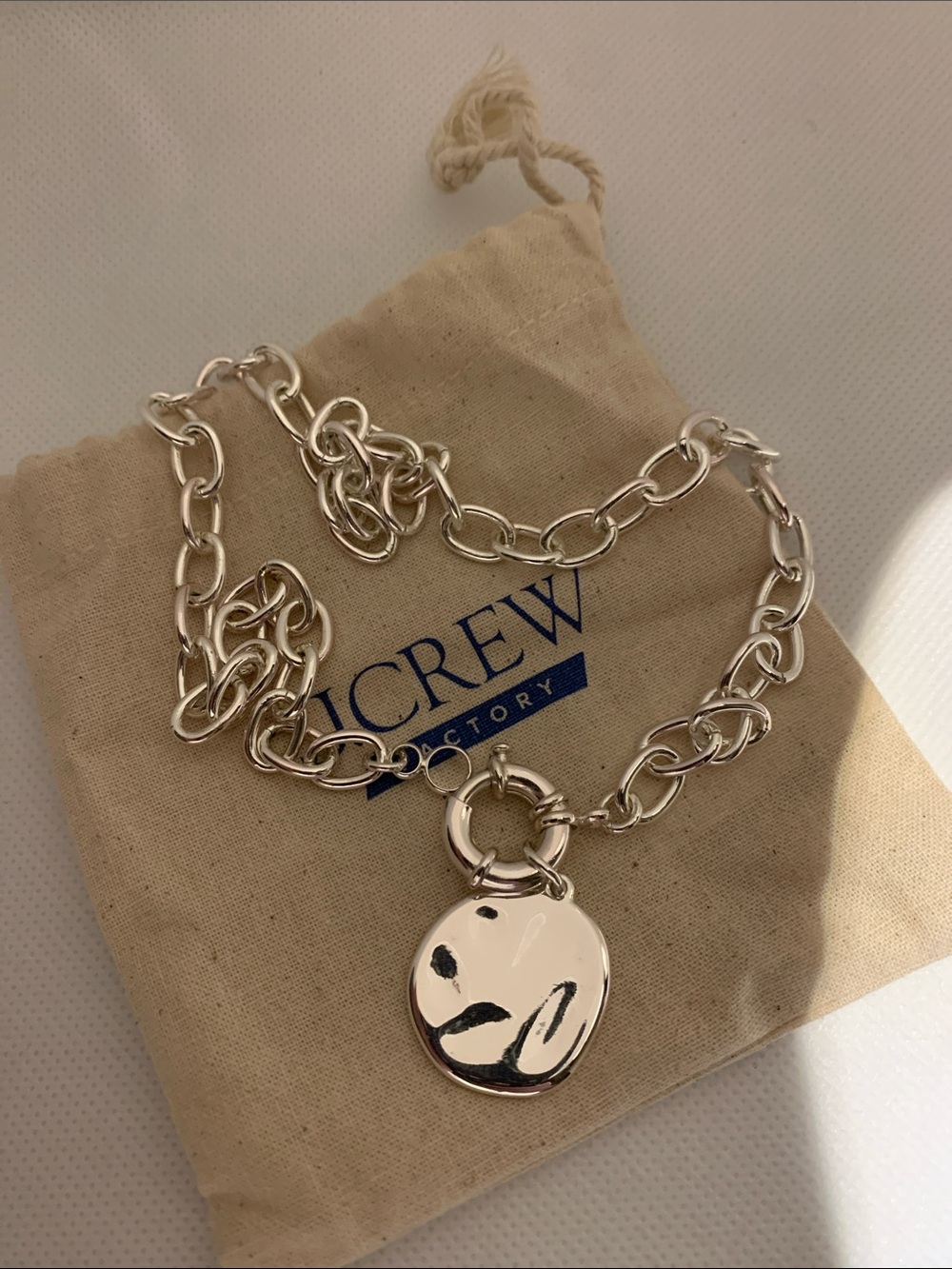 J. Crew Polished Silver Link Necklace with Round Pendant